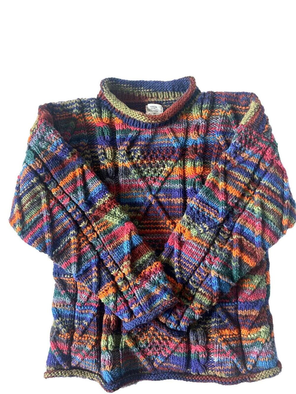 Hidalgo Heavy 100% Wool Hand Made in Ecuador Multicolour Knit Sweater-Oversize L